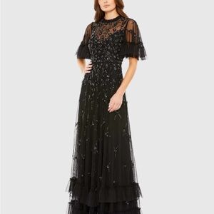 MAC DUGGAL
Black Ruffled Floral Embellished Flutter Sleeve A-Line Gown